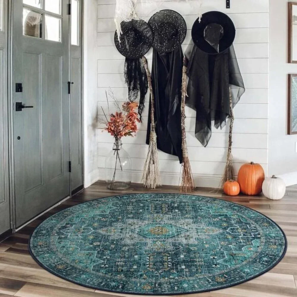 Ultra-Thin 4ft Round Rug, Washable Teal Oriental Carpet for Home & Room Decor